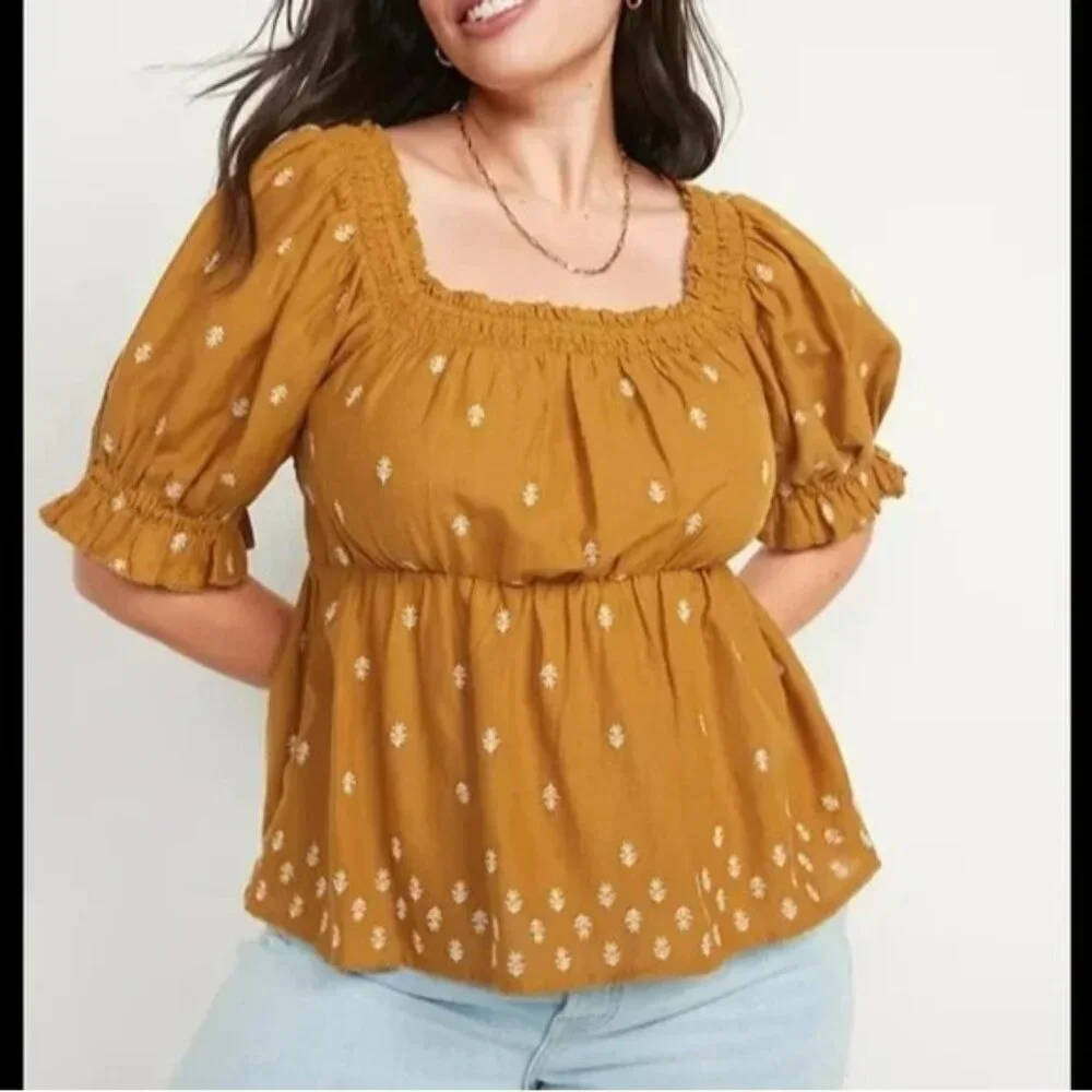 Old Navy Women's Boho Yellow Embroidered Puff Sleeve Blouse Size Medium